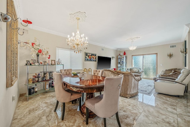 dining area featuring ornamental molding, marble finish floor, and visible vents