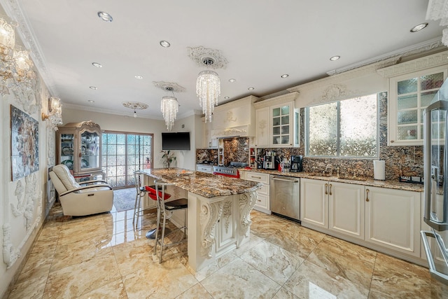 kitchen featuring premium range hood, marble finish floor, ornamental molding, light stone countertops, and dishwasher