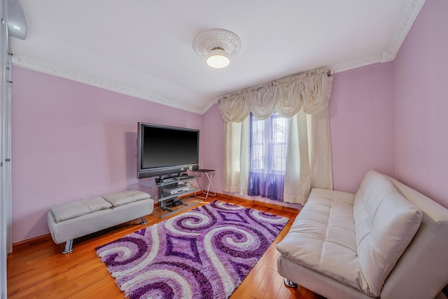 living area featuring lofted ceiling, wood finished floors, and baseboards