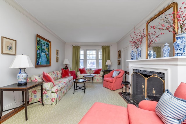 living room featuring ornamental molding and a fireplace