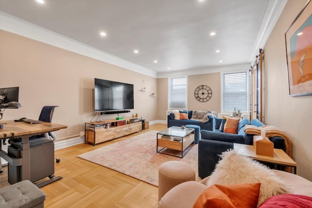 living room featuring recessed lighting, crown molding, and baseboards