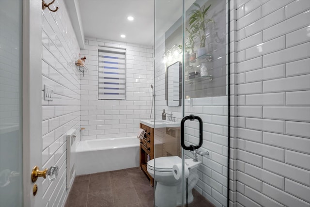 full bath with a shower, toilet, a tub, tile patterned flooring, and vanity