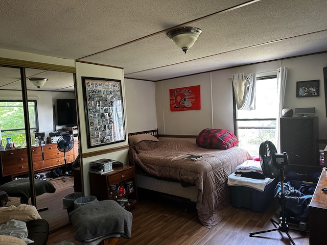 bedroom featuring multiple windows, a textured ceiling, and wood finished floors