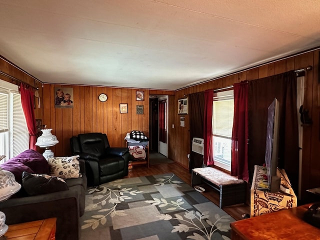 living area featuring wooden walls and wood finished floors