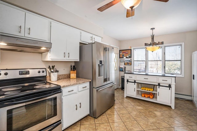 kitchen featuring a baseboard radiator, under cabinet range hood, stainless steel appliances, white cabinetry, and decorative light fixtures