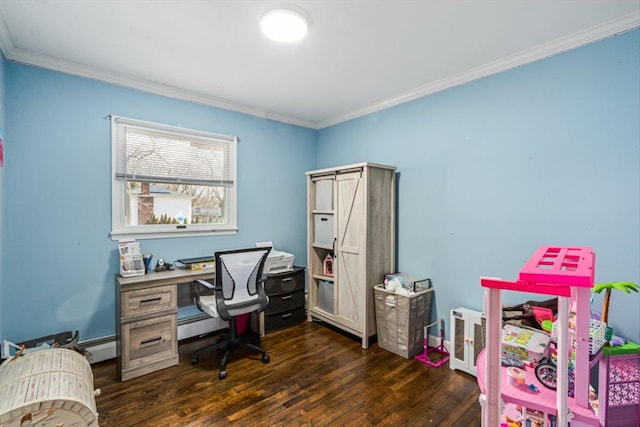 office with dark wood-style floors and crown molding