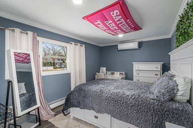 bedroom featuring a baseboard heating unit, a wall mounted air conditioner, ornamental molding, and wood finished floors