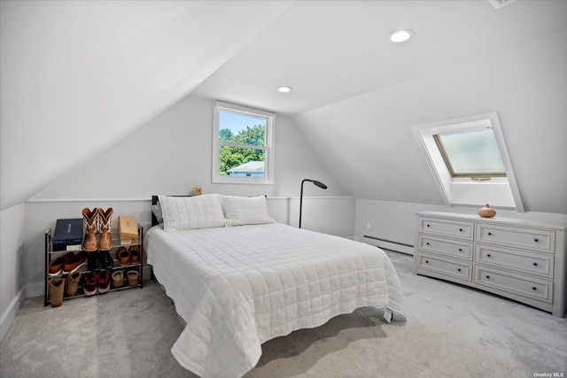 bedroom with lofted ceiling, recessed lighting, a baseboard heating unit, and light colored carpet