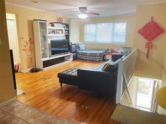 living room featuring ceiling fan, ornamental molding, and wood finished floors