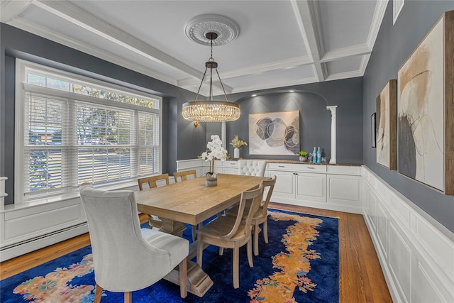 dining room with wainscoting, coffered ceiling, wood finished floors, and a healthy amount of sunlight