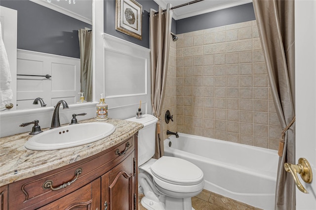 bathroom with shower / bath combo, toilet, tile patterned floors, crown molding, and vanity