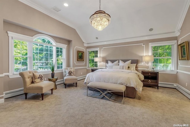 carpeted bedroom featuring lofted ceiling, baseboards, crown molding, and baseboard heating