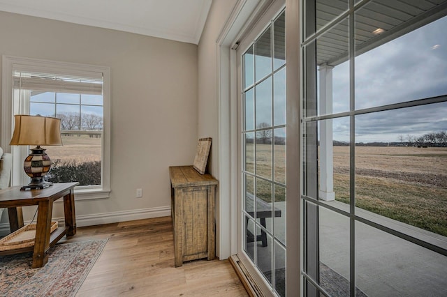 4109 Fox Hill Dr Unit 4109, Baiting Hollow, NY 11933 - living area featuring light wood-style floors, a rural view, ornamental molding, and baseboards