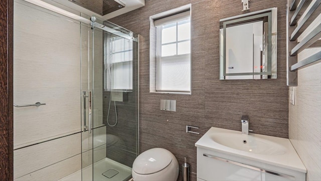 full bathroom with a stall shower, vanity, and toilet