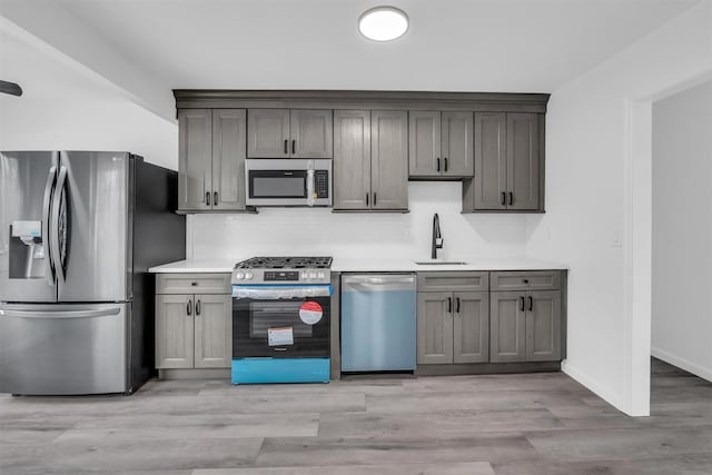 kitchen with light wood-type flooring, a sink, tasteful backsplash, stainless steel appliances, and light countertops