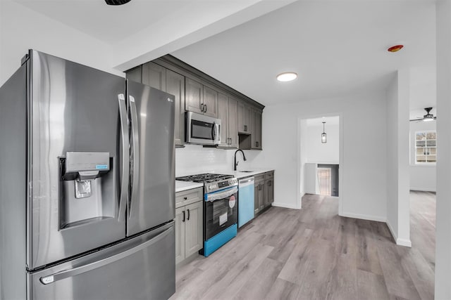 kitchen with a sink, light countertops, appliances with stainless steel finishes, light wood-type flooring, and backsplash