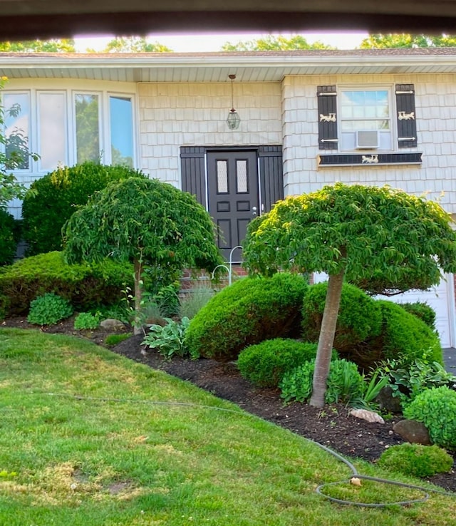 property entrance with a yard