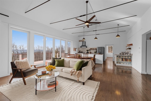 living area featuring ceiling fan, hardwood / wood-style floors, and a healthy amount of sunlight