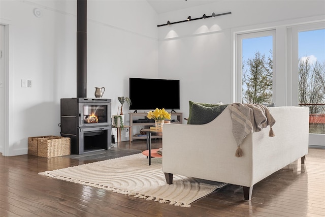 living area with lofted ceiling, hardwood / wood-style floors, and a wood stove