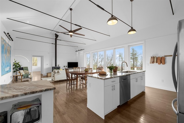 kitchen featuring stainless steel appliances, a sink, open floor plan, dark wood-style floors, and a wood stove