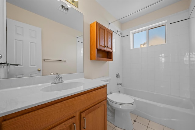 full bathroom with toilet, vanity, visible vents,  shower combination, and tile patterned floors