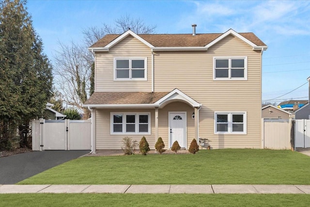 traditional-style home with aphalt driveway, roof with shingles, a gate, fence, and a front yard