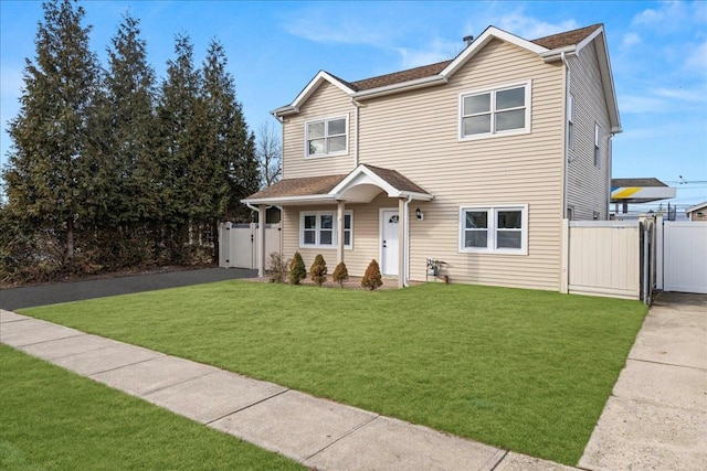 traditional home with a gate, fence, and a front lawn