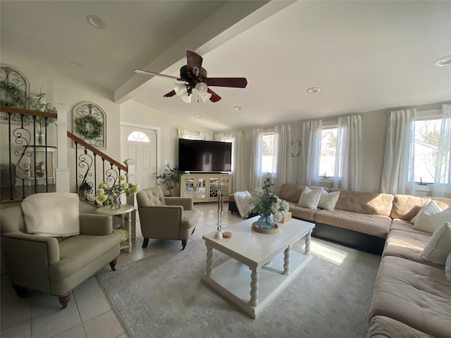 living area featuring ceiling fan, stairway, vaulted ceiling with beams, recessed lighting, and light tile patterned floors