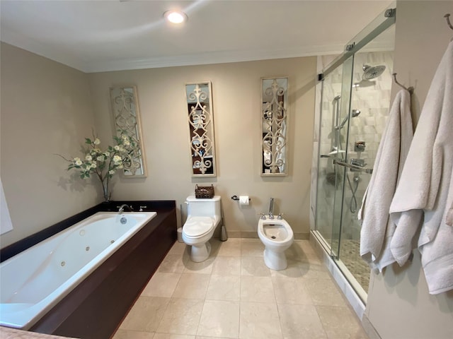 bathroom featuring crown molding, toilet, a whirlpool tub, a shower stall, and a bidet