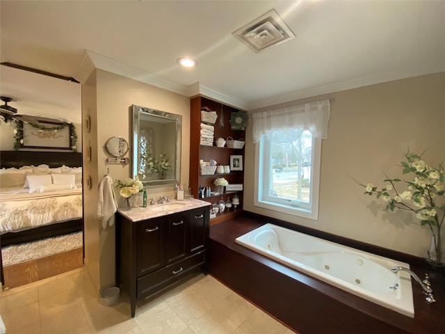 full bathroom featuring crown molding, ensuite bath, vanity, a tub with jets, and visible vents