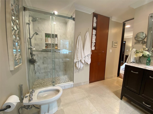 full bathroom featuring crown molding, tile patterned flooring, vanity, baseboards, and a stall shower