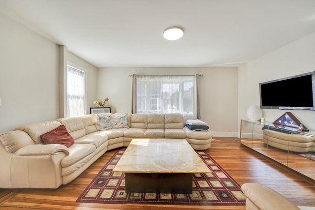 living area featuring wood finished floors and baseboards