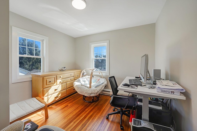 office with wood-type flooring and a baseboard radiator