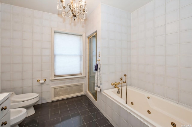 bathroom with tile walls, a stall shower, a bidet, tile patterned flooring, and a jetted tub
