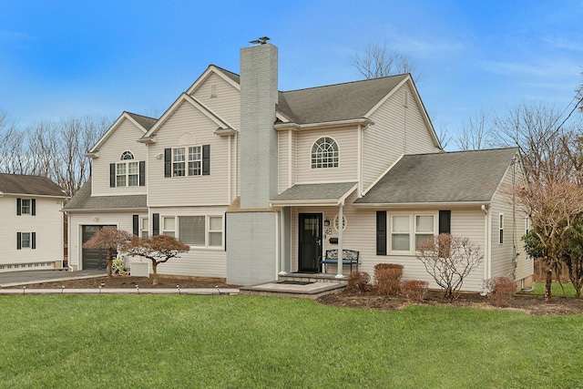 view of front of home with a shingled roof, a front yard, and a chimney