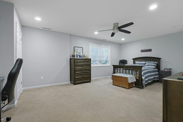 bedroom with light carpet, baseboards, visible vents, and recessed lighting