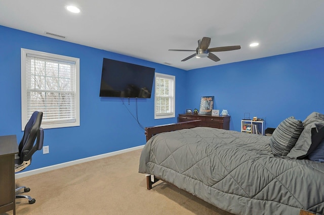 bedroom featuring carpet, visible vents, baseboards, and recessed lighting