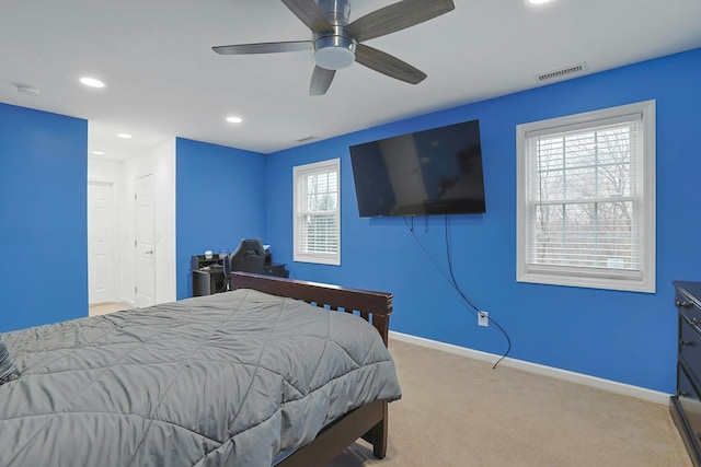 bedroom with baseboards, visible vents, ceiling fan, carpet flooring, and recessed lighting