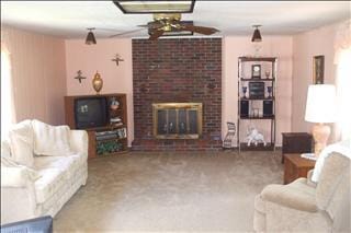 living area with carpet floors and a fireplace