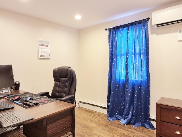 office space featuring recessed lighting, a baseboard radiator, wood finished floors, and a wall mounted air conditioner