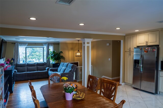 dining area with recessed lighting, decorative columns, visible vents, and crown molding