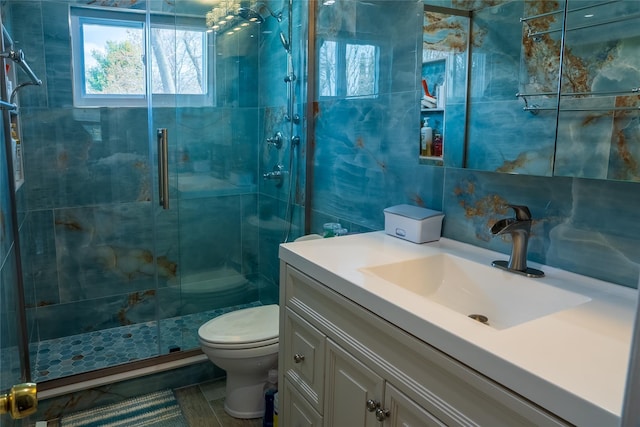 bathroom with tile walls, a shower stall, toilet, and vanity