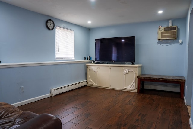 unfurnished living room with dark wood-style floors, a wall mounted air conditioner, and baseboard heating