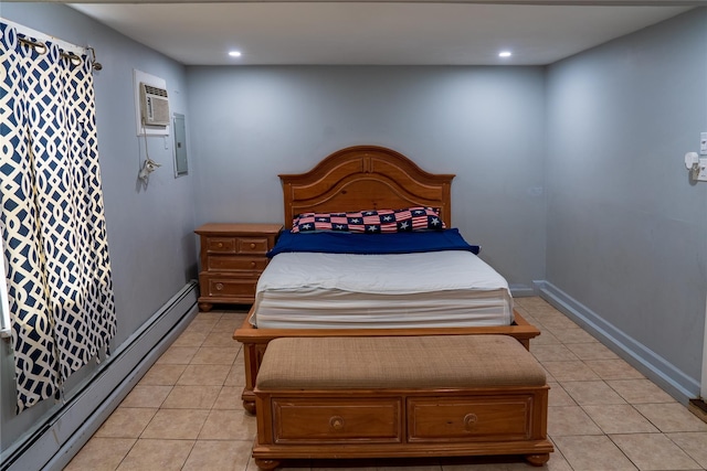 bedroom featuring baseboards, baseboard heating, light tile patterned flooring, and recessed lighting