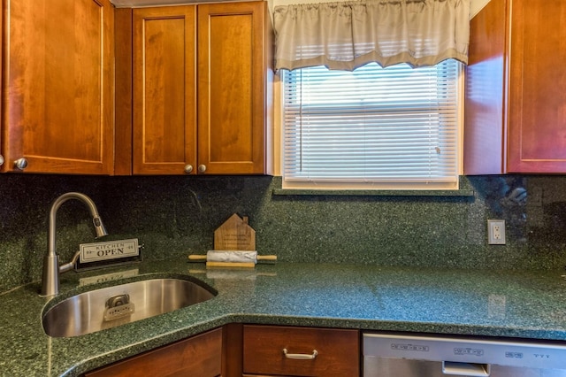 kitchen featuring decorative backsplash, dark stone countertops, a sink, and stainless steel dishwasher