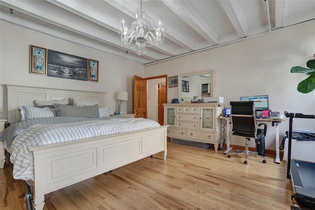 bedroom featuring light wood-style floors, beam ceiling, and a notable chandelier