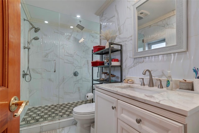 full bathroom with marble finish floor, tile walls, a marble finish shower, toilet, and vanity