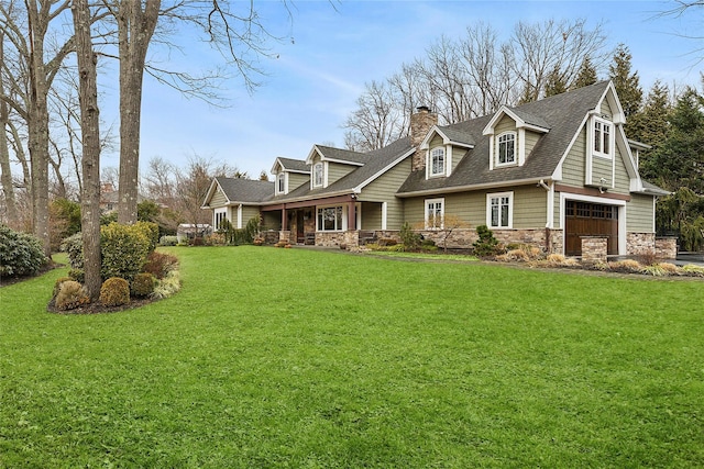 view of front of home with stone siding, a shingled roof, a chimney, and a front lawn