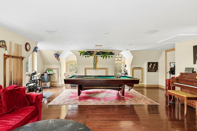 rec room with vaulted ceiling, pool table, wood finished floors, and baseboards