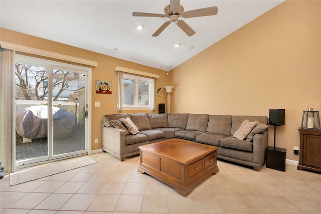 living room featuring ceiling fan, light tile patterned floors, recessed lighting, baseboards, and vaulted ceiling